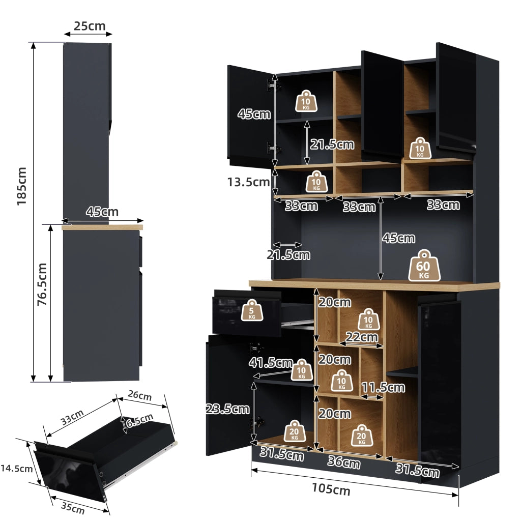 Credenza da Cucina con Ante; Cassetto; Ripiani Regolabili e Vani Aperti in MDF 105x45x185 cm Nero e Naturale