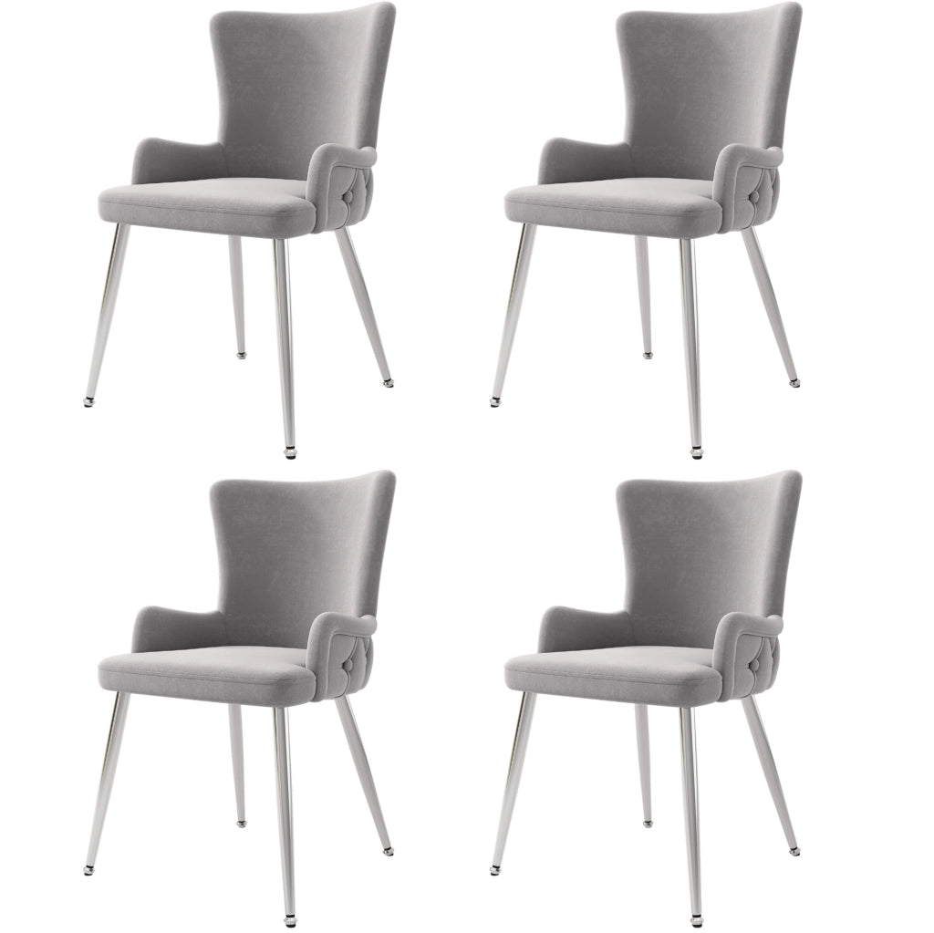 Set di 4 sedie in velluto con gambe in metallo; design moderno; grigio e argento