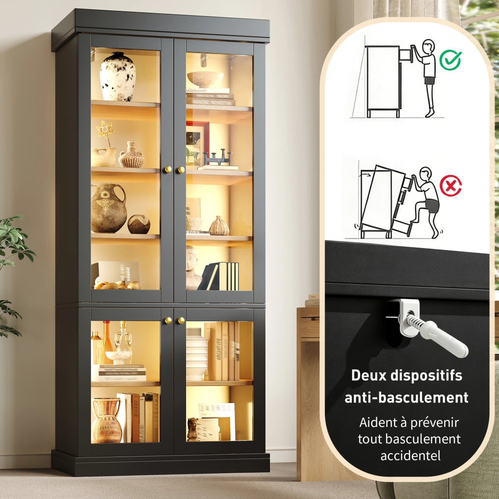 Armadio con LED; 2 dispositivi antiribaltamento; ripiani regolabili e vetrina in vetro per soggiorno; camera; 80 × 40 × 180 cm