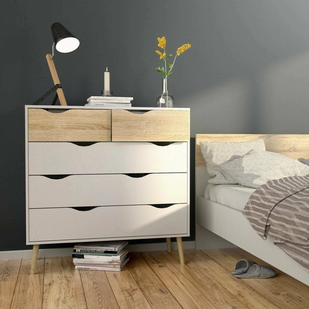 Cassettiera a cinque Aurelio, colore bianco e rovere, Misure 98 x 100 x 39 cm
