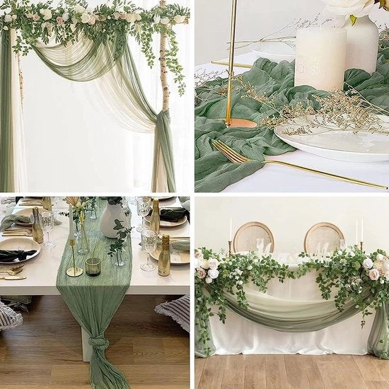 Set di 2 tovaglie da tavola in mussolina verde salsiccia di 300 x 75 cm