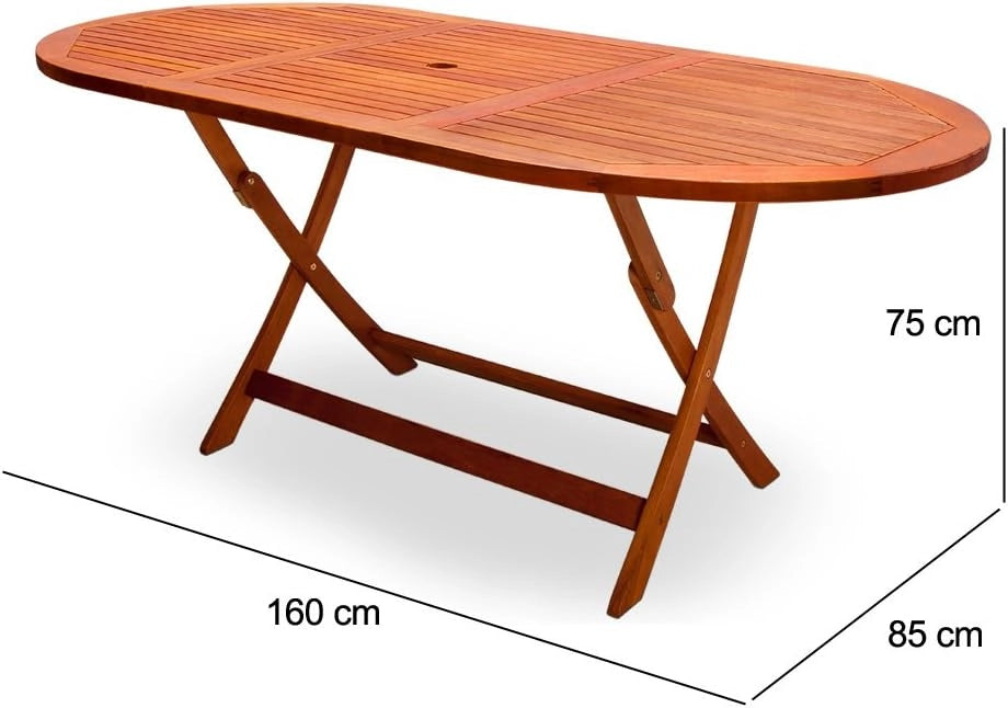 Tavolo da Giardino in Legno di Acacia Pieghevole 160x85cm Ovale Certificato FSC Portata 80 kg con Portaombrellone Tavoli da Esterno Balcone Terrazza per 6 Persone