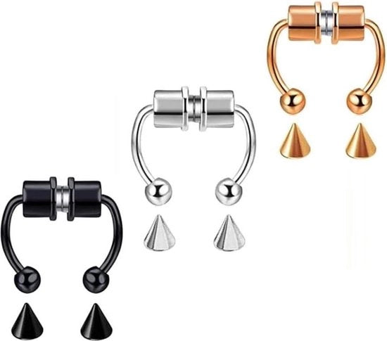 Set di tre magneetti per naso in acciaio inossidabile, roségold e nero, con finitura argentata.