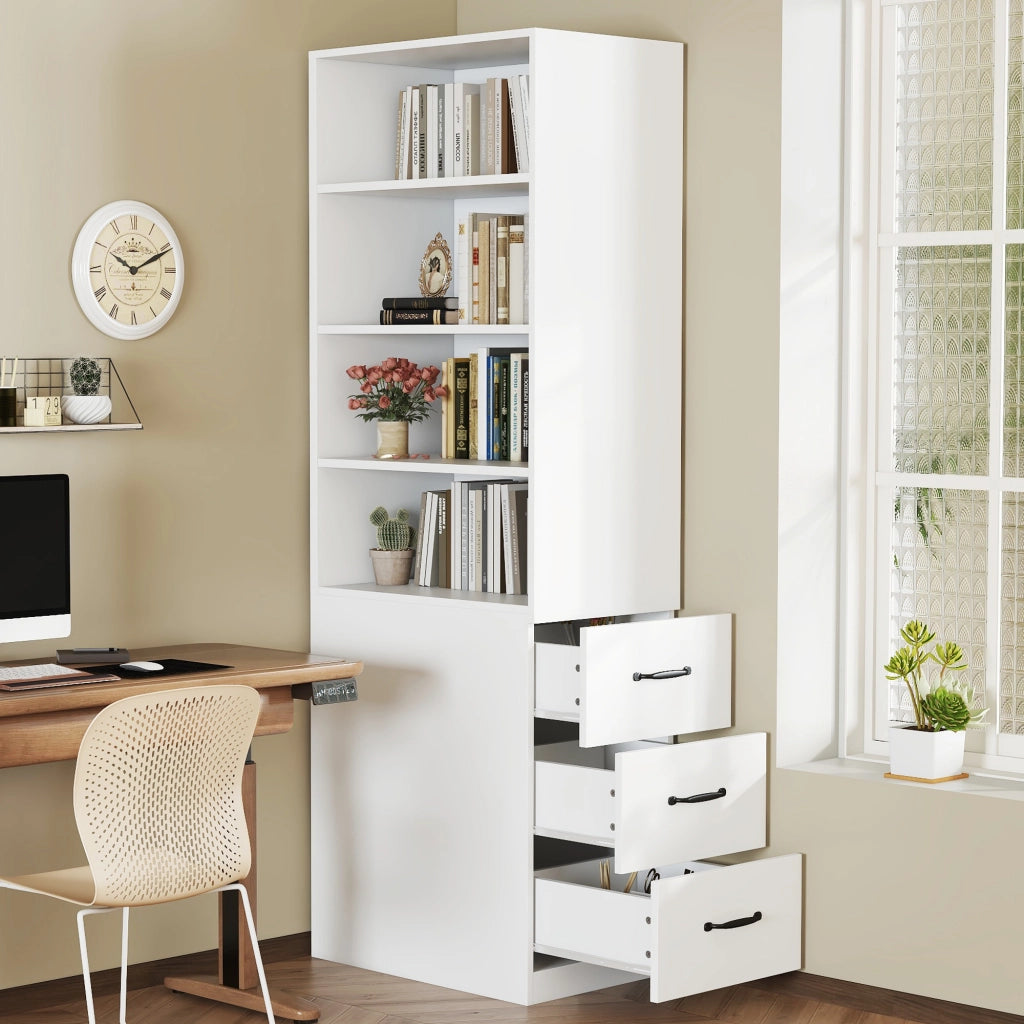 Libreria con 3 cassetti e 4 vani aperti, ripiani regolabili, per piccoli spazi, in truciolato, bianco, 60 × 38 × 180 cm