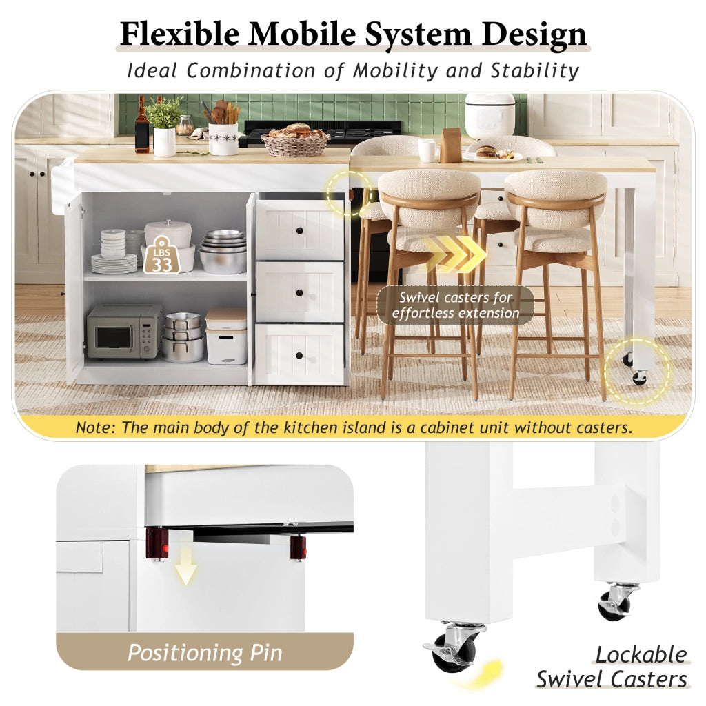 Isola da Cucina con 3 Cassetti; Portaspezie e Piano Estensibile con Ruote; in MDF; Bianco; 112-186.8 x 45 x 93 cm