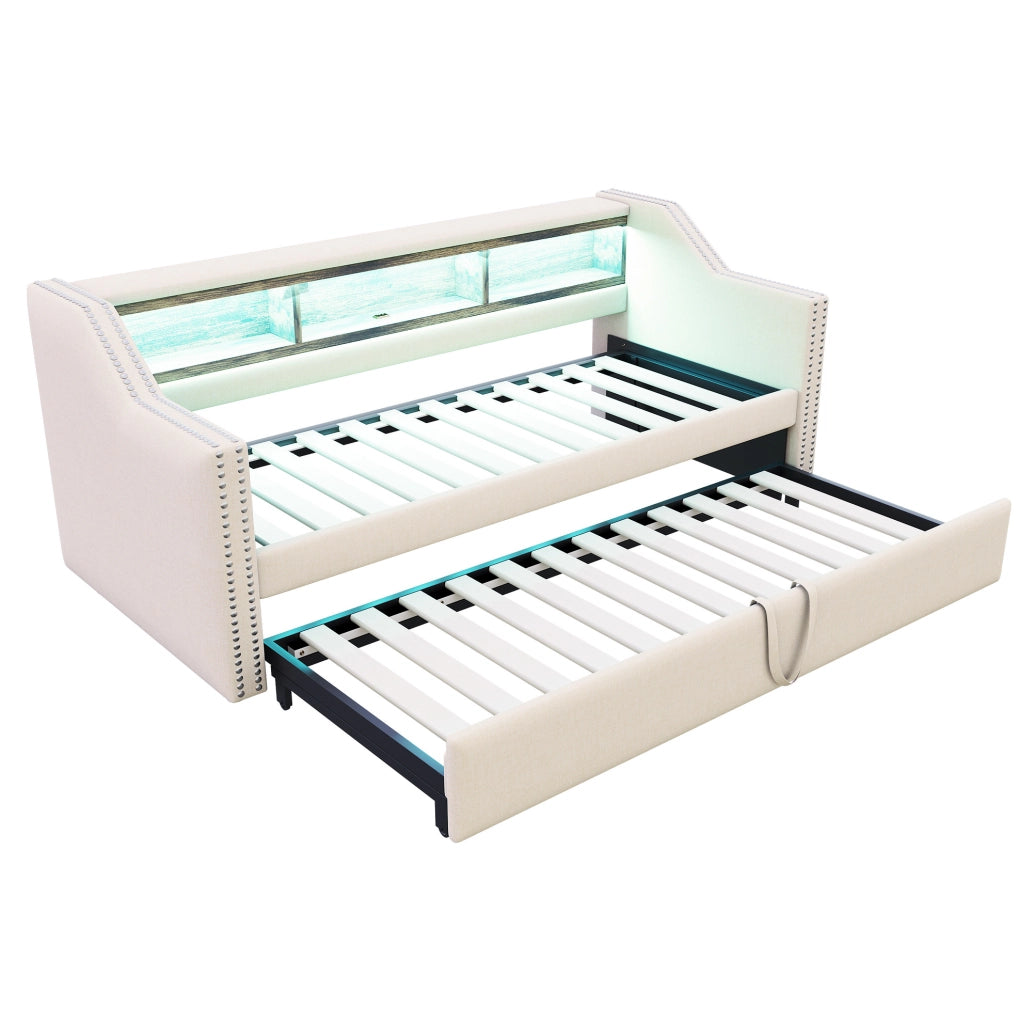Divano letto imbottito ULEVR 90/180x190 cm estraibile con LED, USB e 3 vani laterali, beige