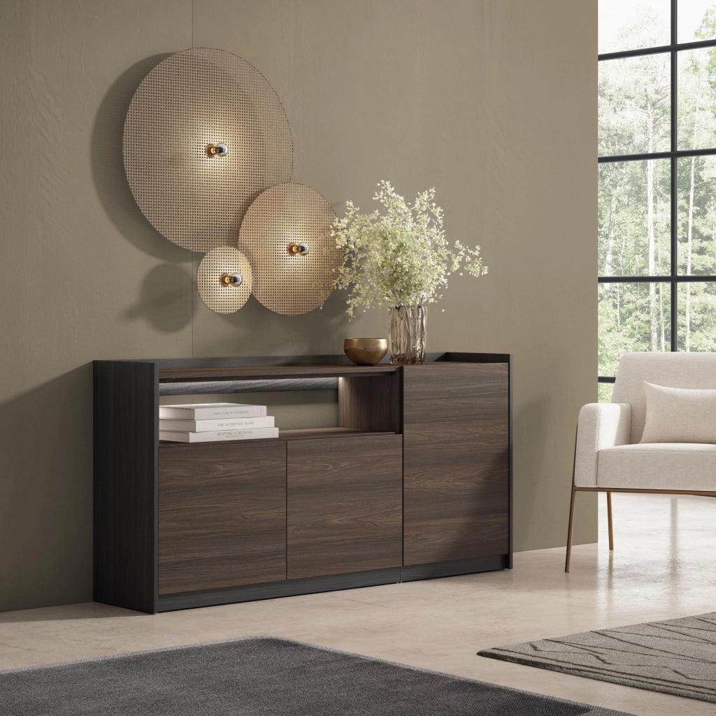Credenza, Mobile, Cucina, 156x80x37 cm, 3 Porte, LED, Rovere scuro e Nero