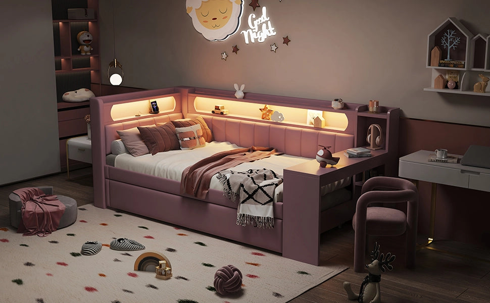 Daybed imbottito con USB, LED, letto estraibile e scrivania, 90x200 cm, rosa