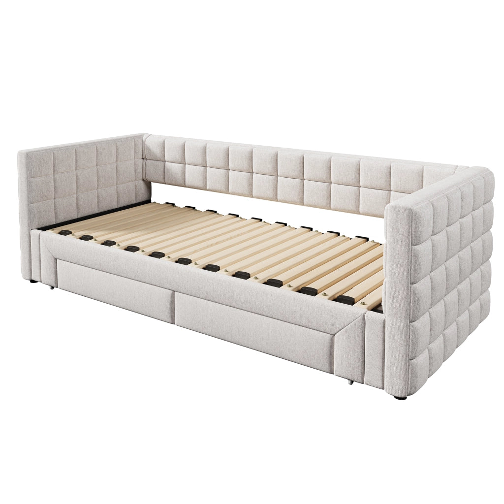 Letto estraibile singolo 90×200 cm con 2 cassetti e testiera quadrata; senza materasso; velluto; beige