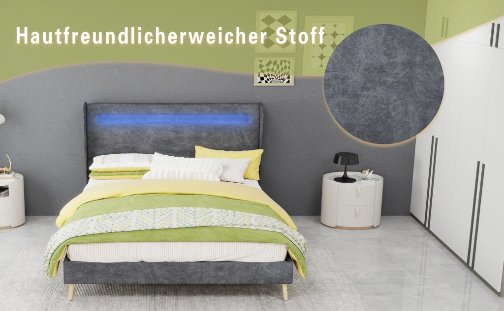 DESMIU Letto 140 × 200 cm 2 posti con LED regolabile e testiera regolabile, senza materasso, in tessuto, grigio