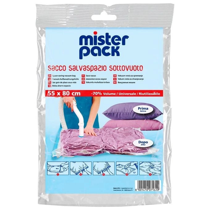 CUKI 913085 Sacco Sottovuoto Salvaspazio Custodia Abbigliamento Taglia L 55x80 cm Valvola Universale colore Trasparente