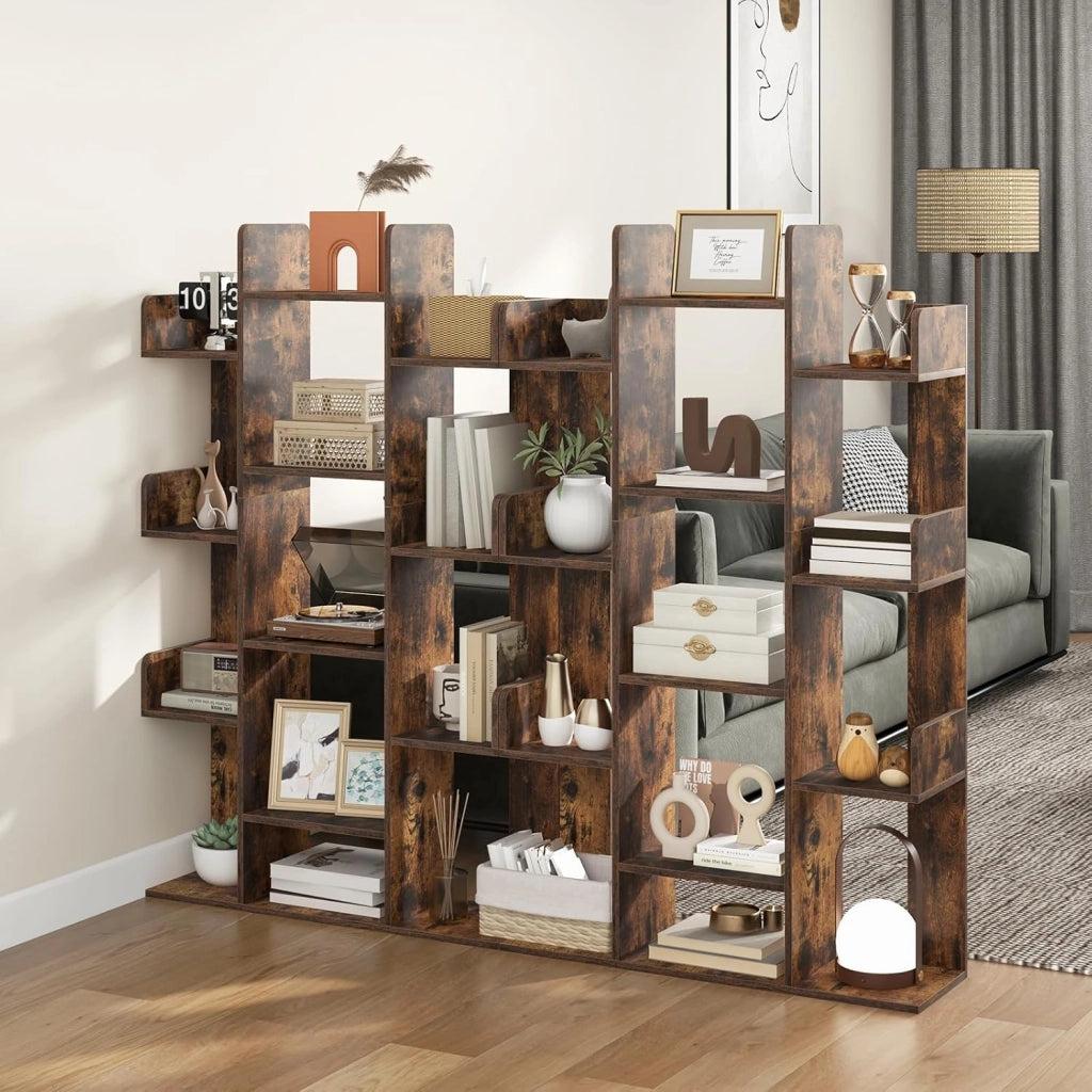 Libreria a Forma di Albero, Scaffale Multiuso con 13 Ripiani Aperti, Scaffale Decorativo Autoportante a Cubo per Soggiorno Studio o Ufficio, 86x24,5x141 cm (Marrone)