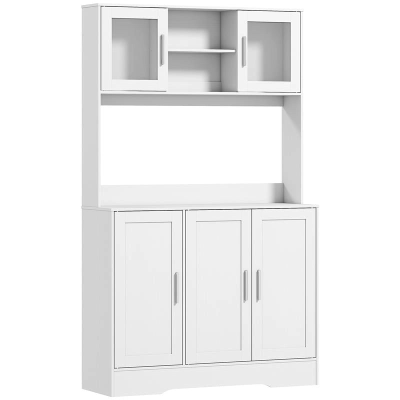 MOBILE DISPENSA CON 4 ARMADIETTI, 2 RIPIANI APERTI E PIANO DA LAVORO, IN LEGNO E VETRO, 108X35X180 CM, BIANCO