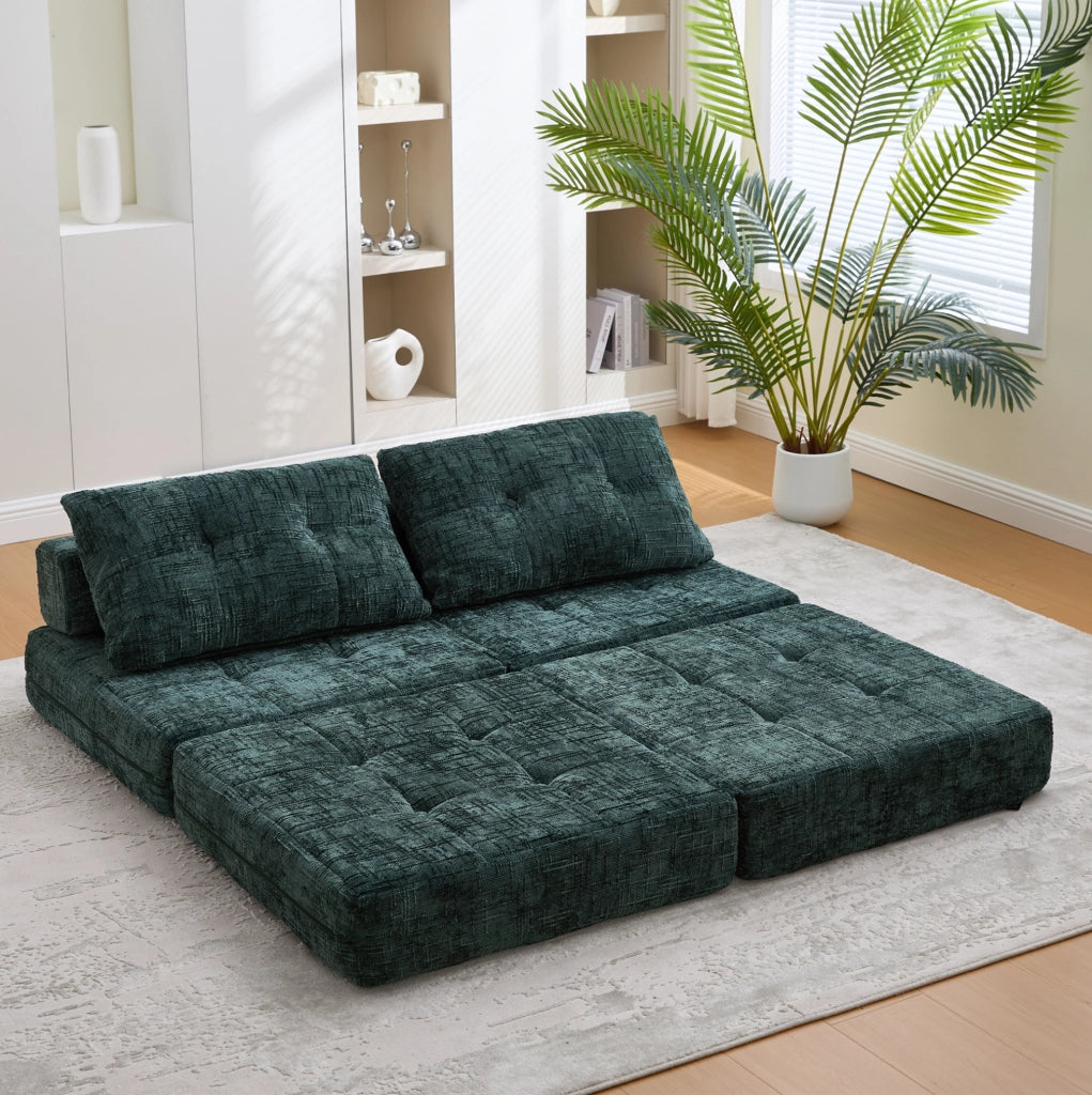 Divano letto pieghevole in ciniglia verde smeraldo con cuscini