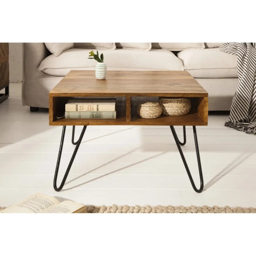 Tavolino SILVA 60 cm in legno di Sheesham massiccio e metallo nero – 2 vani