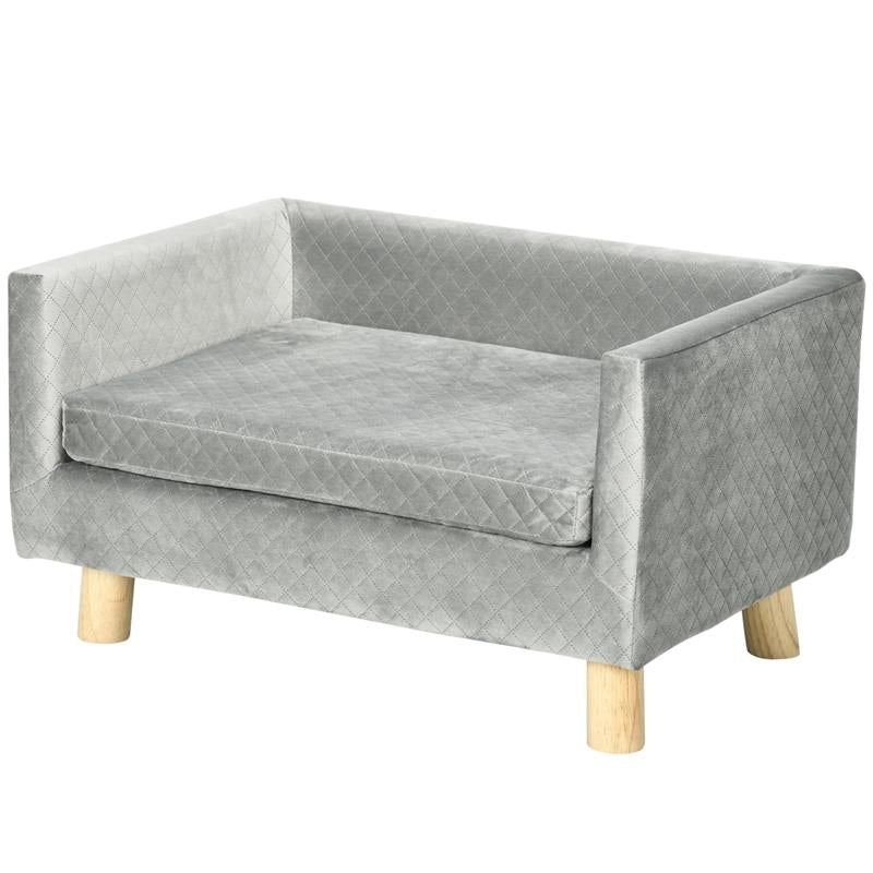 DIVANETTO PER CANI E GATTI STILE SCANDINAVO CON CUSCINO IMBOTTITO IN VELLUTO E LEGNO, 64X45X36CM, GRIGIO