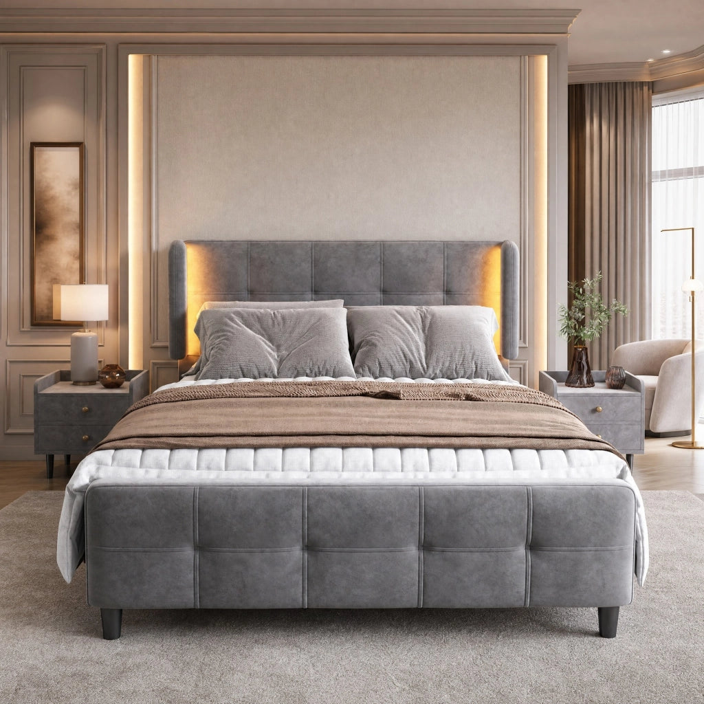 Letto matrimoniale imbottito grigio 140x200 cm con LED