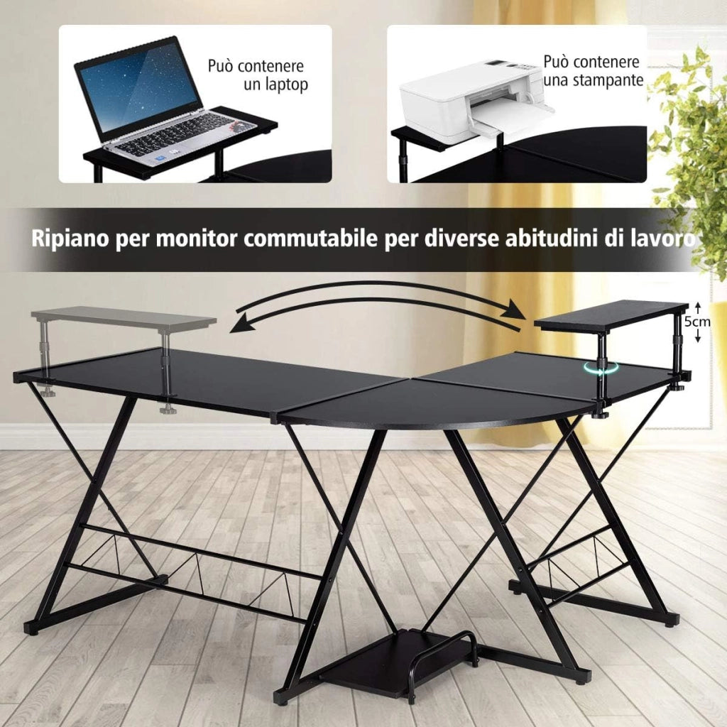 Scrivania Angolare a Forma L, Scrivania da Angolo per Computer, con Alzata per Monitor, Postazione da Lavoro Angolare per Casa e Ufficio (Nero)