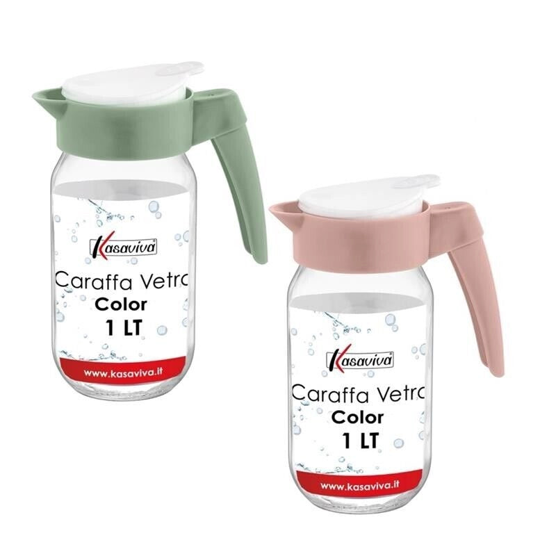 KIT SET 2 PZ CARAFFA IN VETRO TRASPARENTE CON TAPPO COLORATO E CAPIENZA DA 1 LT
