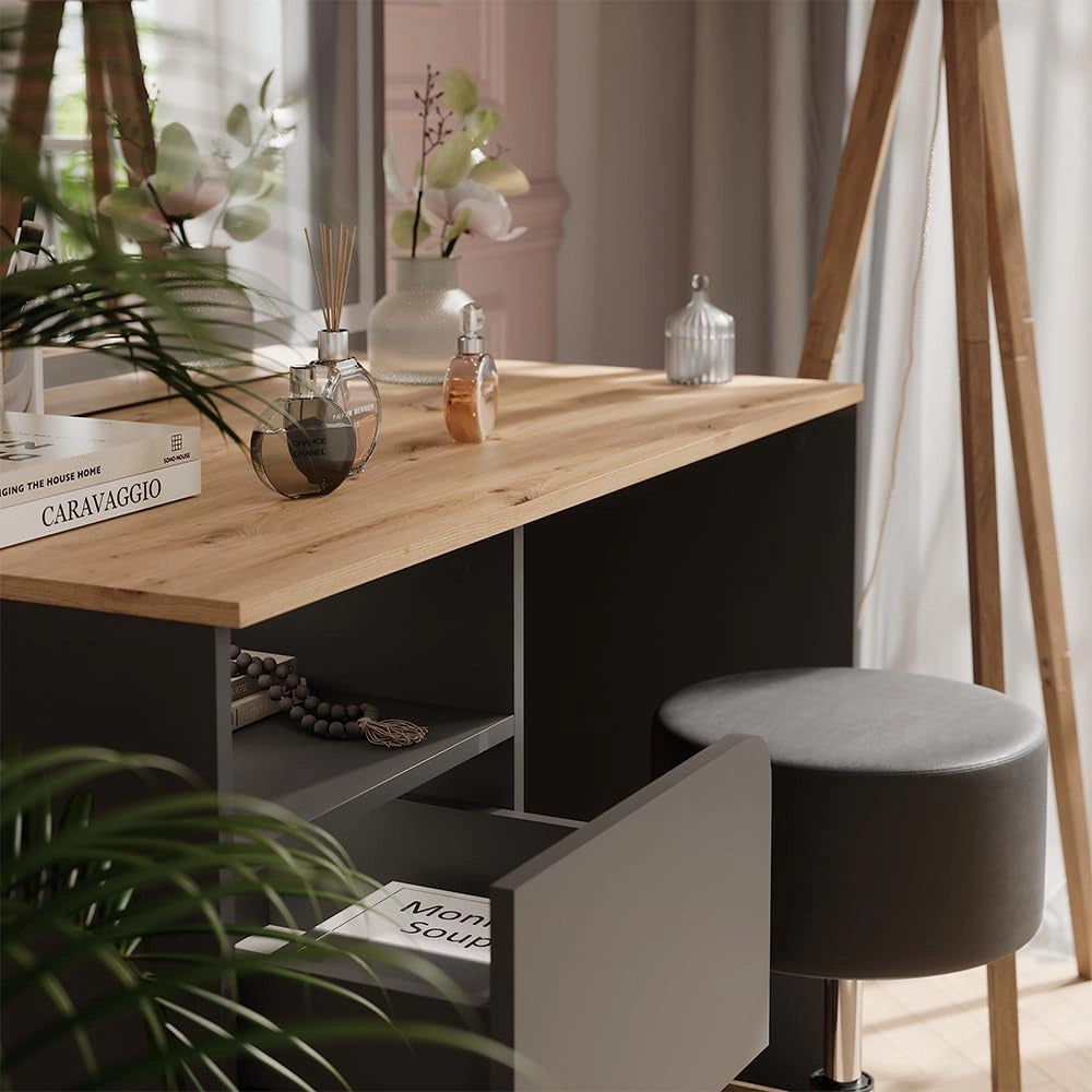 Tavolo da toeletta Karen, Antracite/Artisan, 110 cm con sgabello e specchio LED, Materiali robusti per un utilizzo duraturo