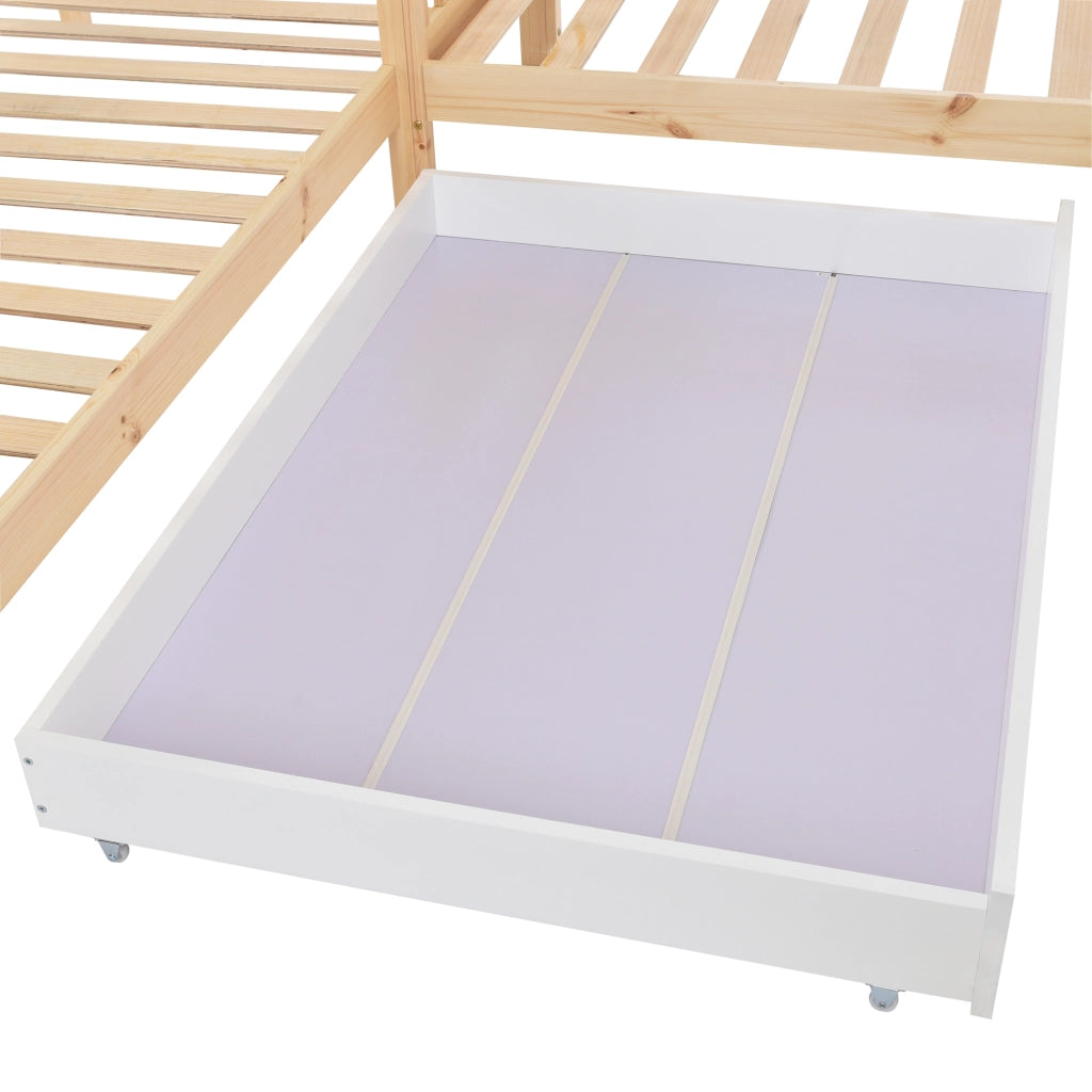 DESMIU Letto casetta 1 posto con cassetto, scaffali e sponde 90 × 200 cm e 140 × 70 cm, senza materasso