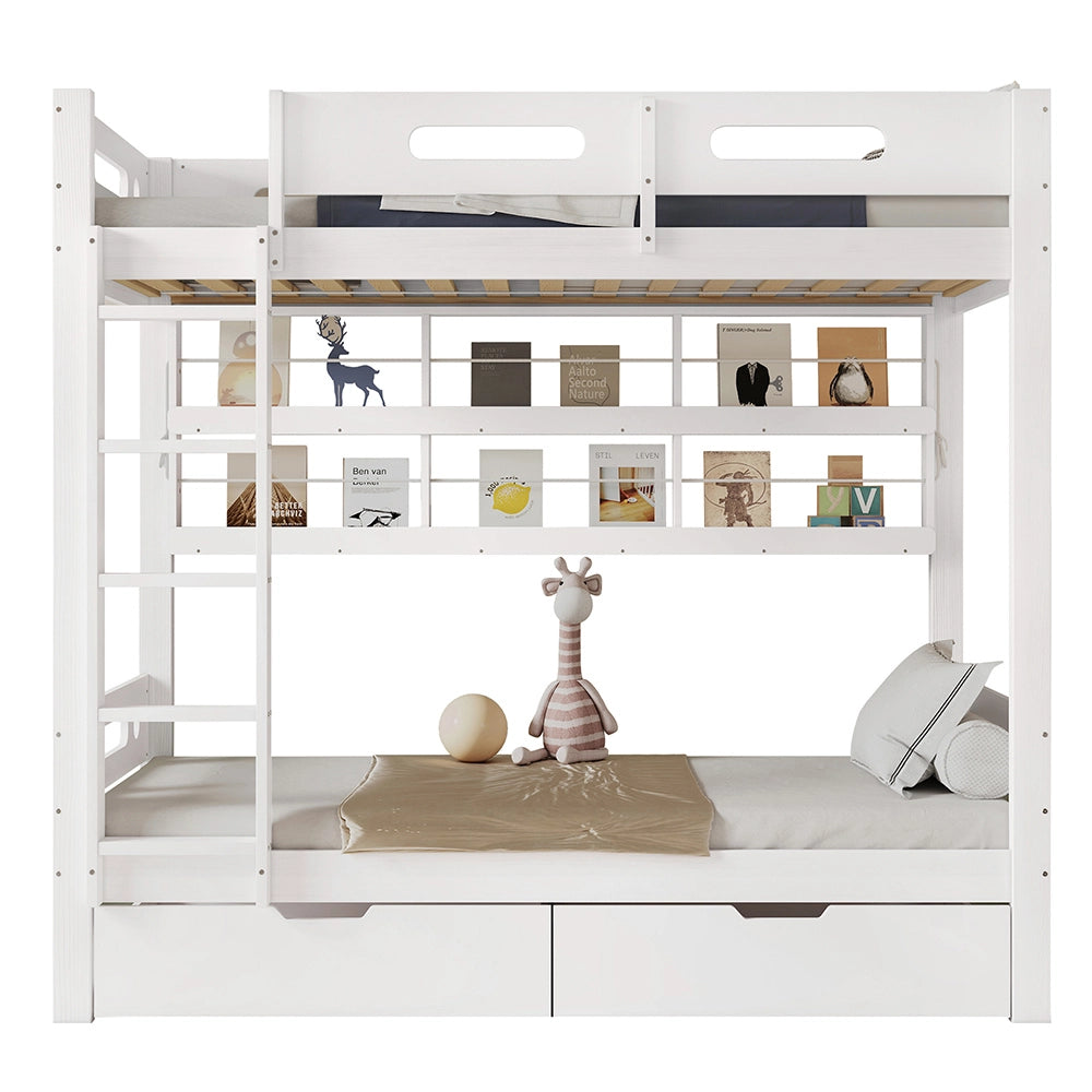 Letto a castello bambino 90x200cm - Xylo - bianco, 5 ripiani, 2 cassetti, sicuro