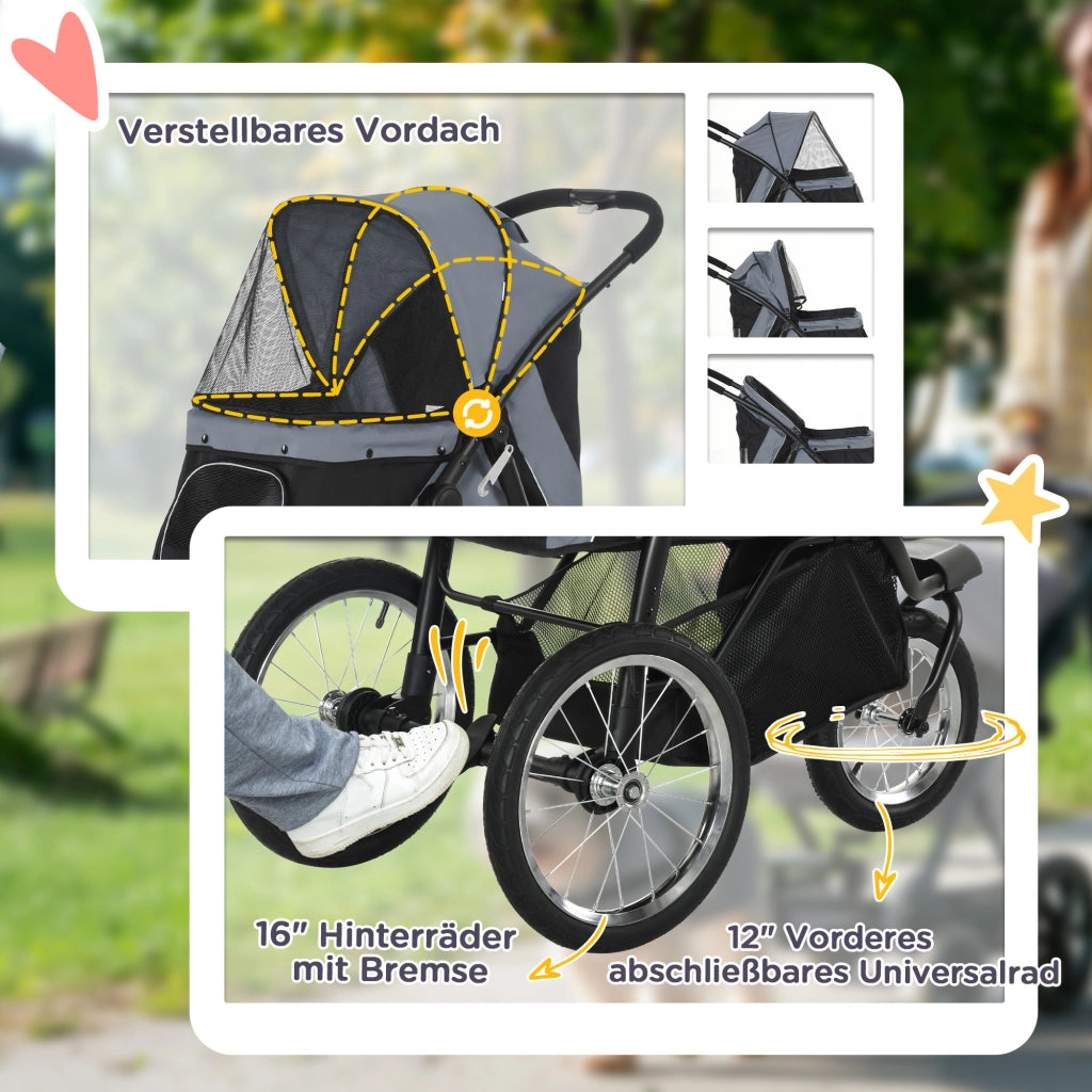 Carrello Cane Pieghevole con Protezione Sole ¨C zephmum ¨C Grigio 111x58x107 cm
