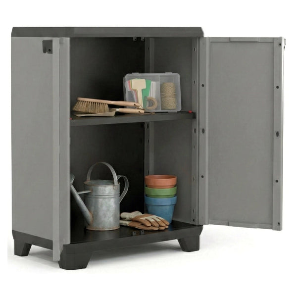 Armadio da esterno Cochrane, Mobile outdoor, Mobiletto giardino multiuso, Contenitore per balcone o garage, Made in Italy, 68x39 h90 cm, Grigio