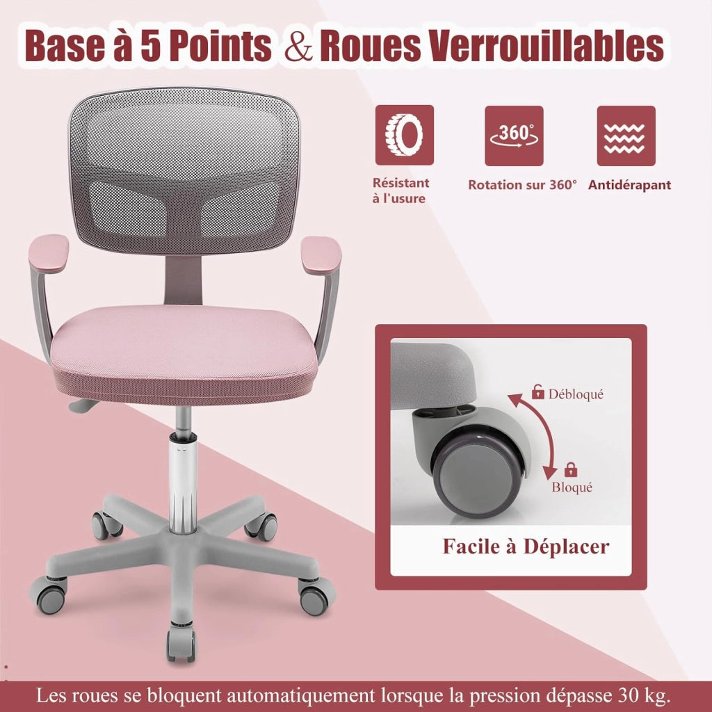 Sedia da scrivania per bambini, girevole a 360°, con seduta regolabile in altezza, 40-54 cm, per bambini, con schienale, braccioli e ruote, per bambini dai 3 ai 10 anni (rosa)