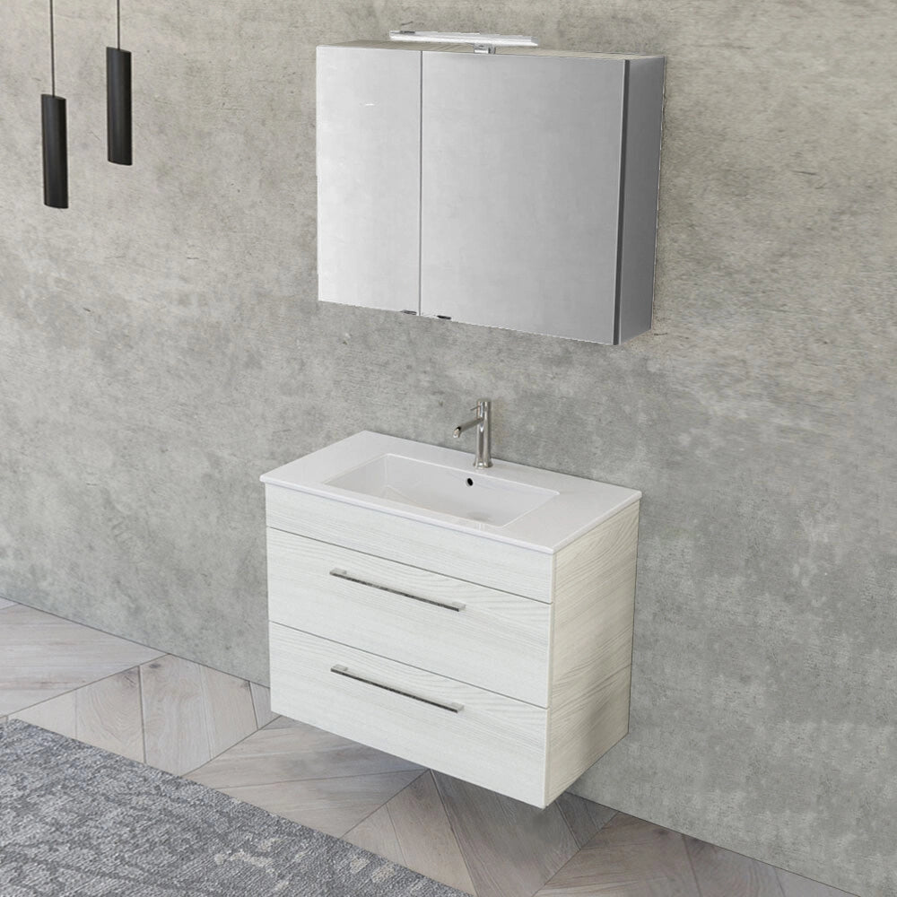 Mobile bagno sospeso 80 cm bianco legno con specchio contenitore Smart