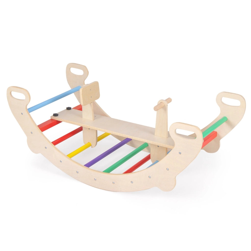 Arco cavallo a dondolo multifunzionale, Giocattoli di arrampicata in legno 4-in-1 per bambini dai 1-5 anni Naturale