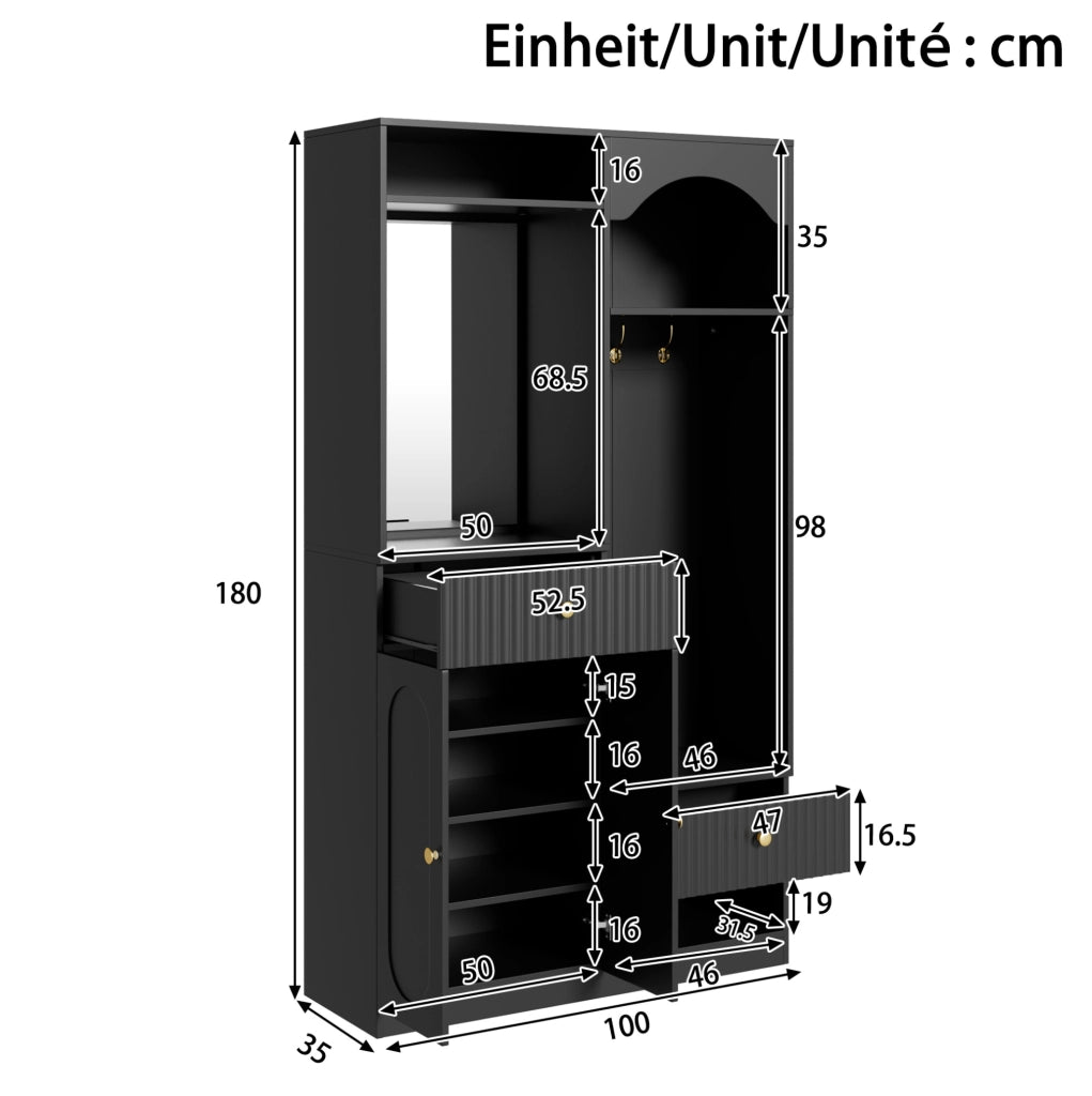 Guardaroba da ingresso ULEVR 100x35x180 cm con specchio, panca, LED multicolore e ripiani regolabili, nero