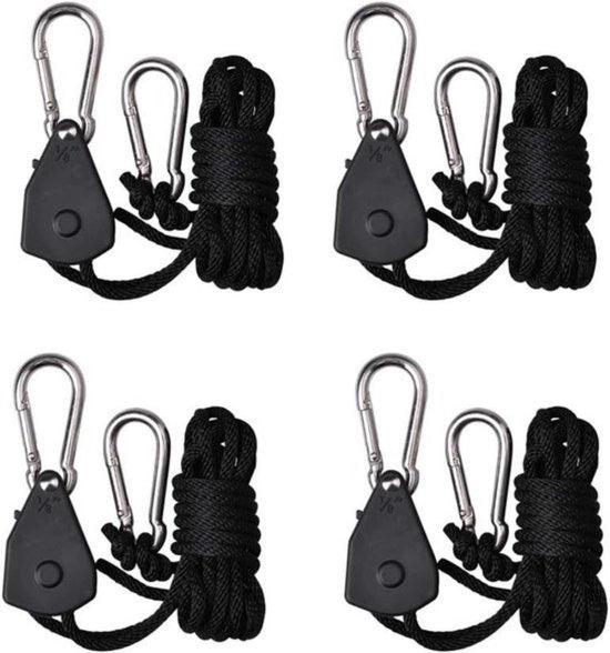 Set di attrezzi per tiraggio - 4 pezzi/2 paia - ratel interno con ingranaggi - maniglia di tiraggio con carabina - Set di tiraggio per attacco - Peso di sollevamento 150 lbs - Lunghezza 2m - Nero - per piante, illuminazione e ventilazione