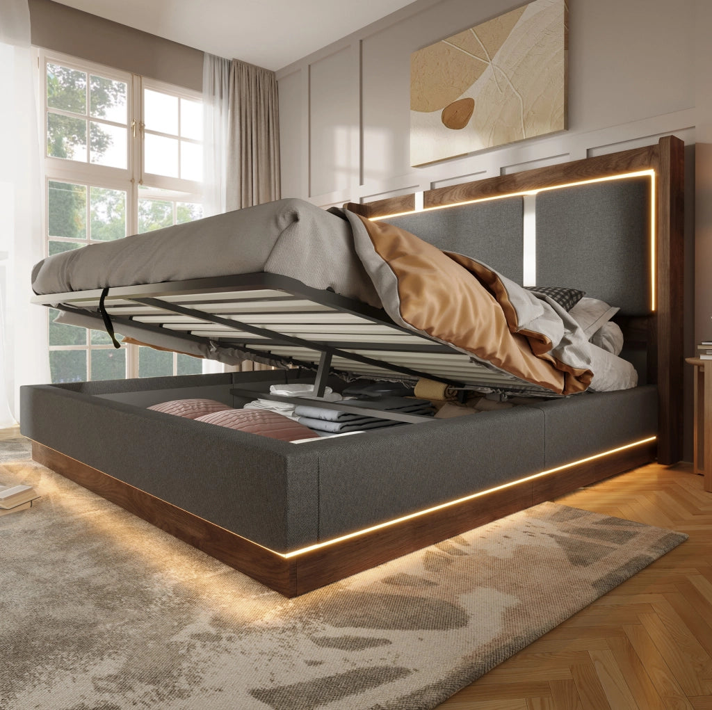 Letto matrimoniale 160x200 cm con contenitore; LED; struttura in ferro e lino grigio e noce