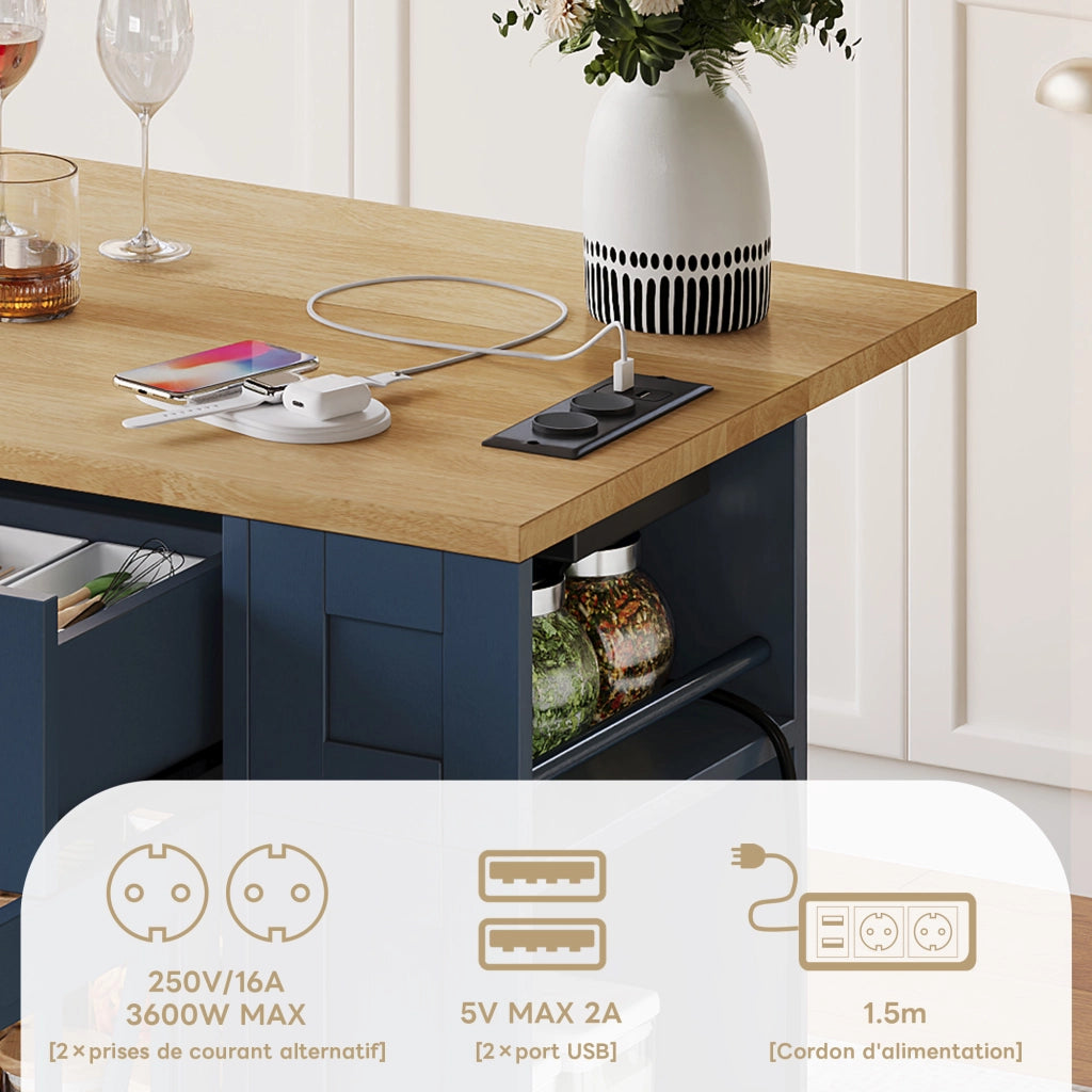 Carrello Da Cucina con 2 Ante in Vetro; 1 Cassetto; 6 Ripiani Aperti; Piano Pieghevole e Porte USB con Ruote; in MDF; 120 x 40 x 92 cm; Blu e Naturale