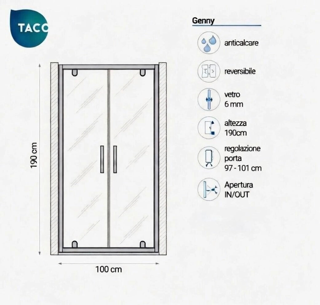 Box doccia nicchia 100 cm porta due battenti H190 cm GENNY - Cromato Lucido