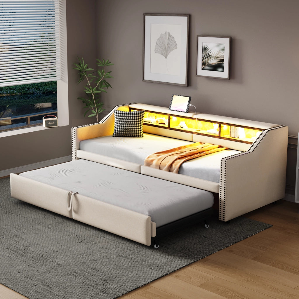 Letto divano estraibile 90 × 200 cm et 180 × 200 cm con ripiani, USB et LED, con 2 materassi, beige