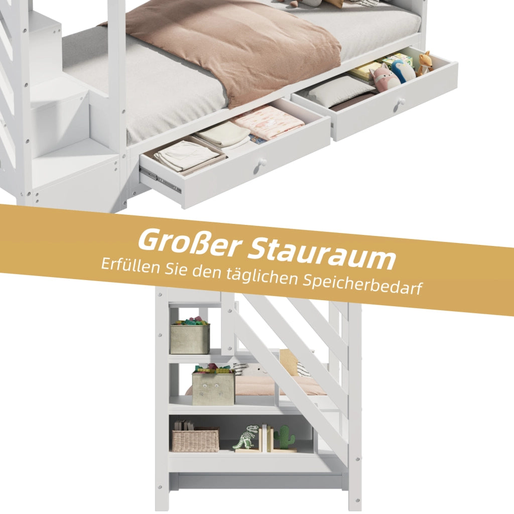 DESMIU Letto a castello Letto singolo 1 posto con divano regolabile, scala e 2 cassetti, 90 × 200 cm, senza materasso
