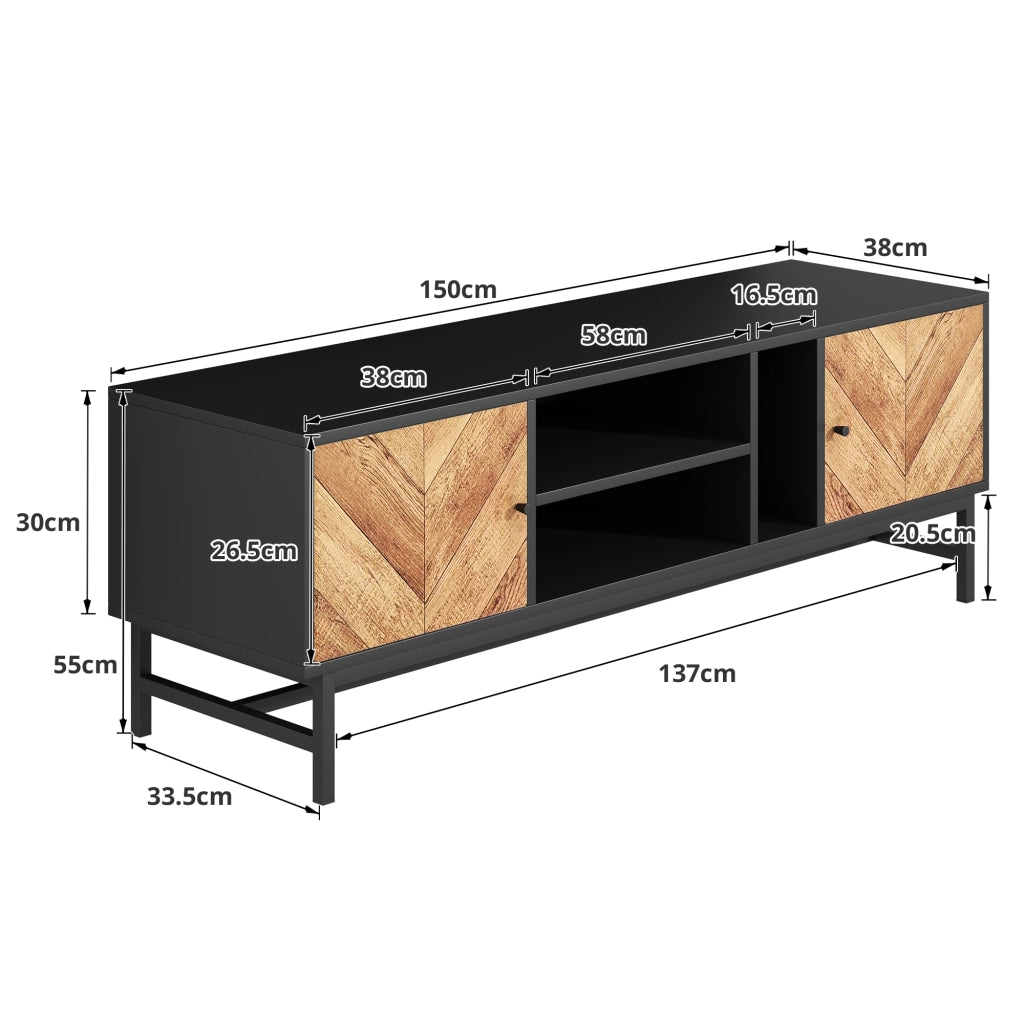 OKWISH Mobile TV con 2 Ante e 3 Vani, Gambe in Metallo, Stile Moderno, per Soggiorno, 150 x 38 x 55 cm, Nero