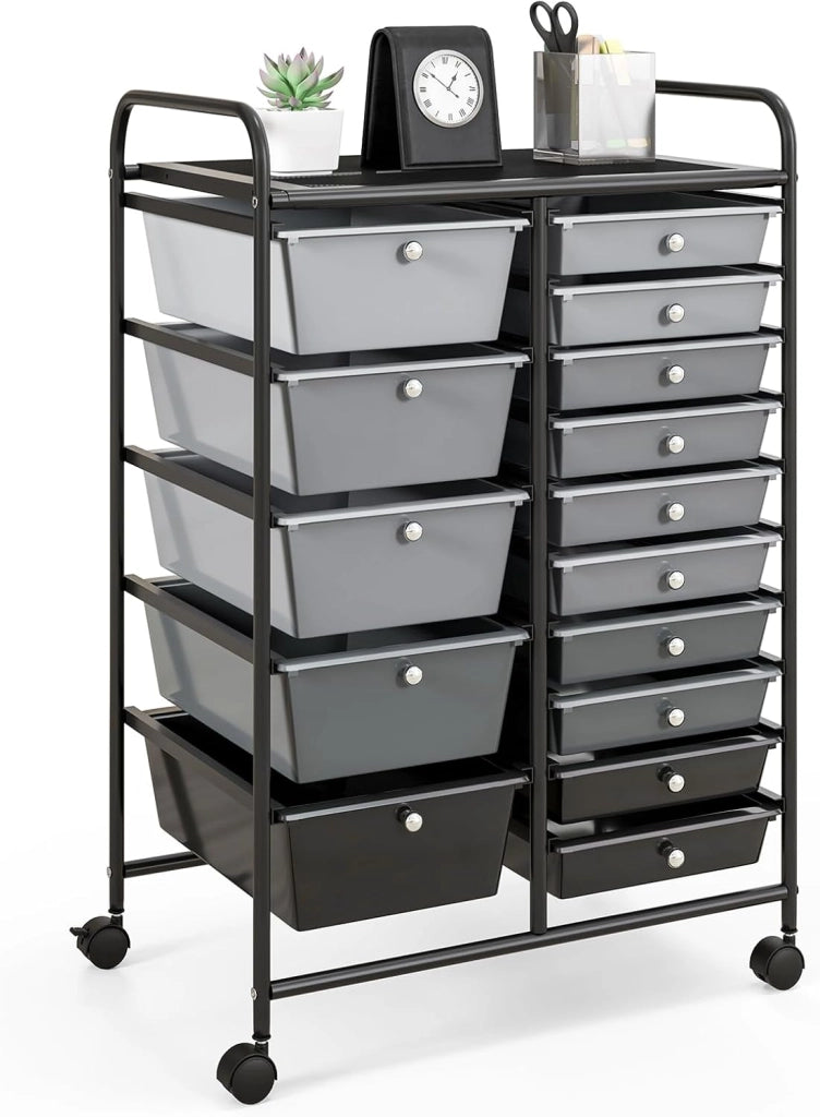 Carrelli Porta Oggetti, con 10+5 Cassetti Impilabili, 2 Ruote Bloccabili, Braccioli Metallici, Portabile e Pratico, per Ufficio, Studio, Cucina,Bagno, 5 Colori Disponibili, 62,5x37x87 cm