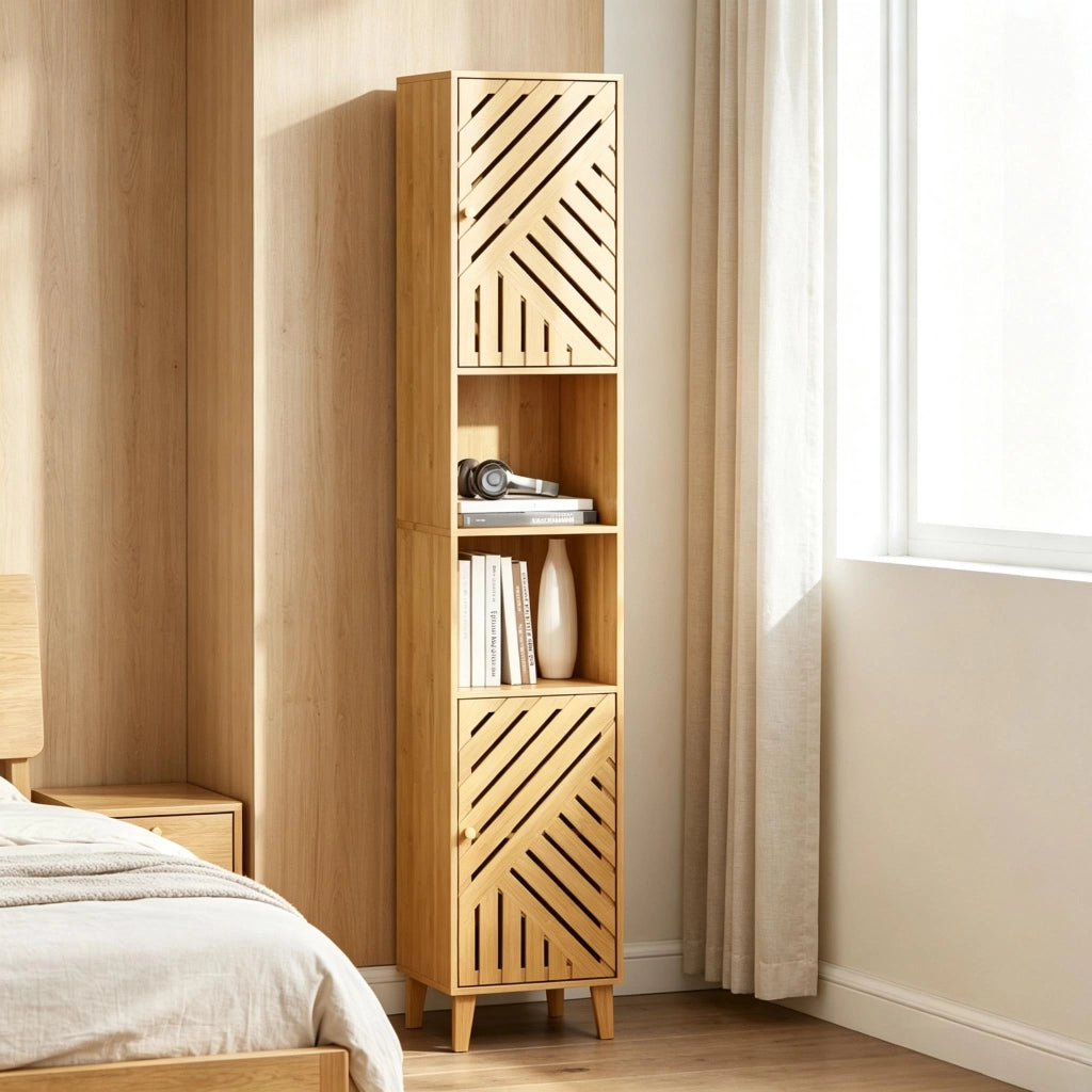 Armadietto da bagno alto con 2 vani aperti, 2 ante e ripiani regolabili, in bambù e truciolare, 32 × 30 × 170 cm