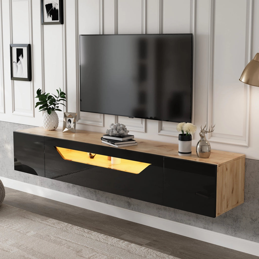 Mobile porta TV sospeso con LED e 3 vani in pannello truciolare beige e nero 180 × 37 × 36 cm