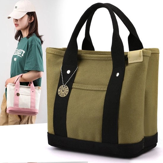 Borsa da viaggio in tela canapa grande, con molteplici tasche per piccoli contenitori (verde)
