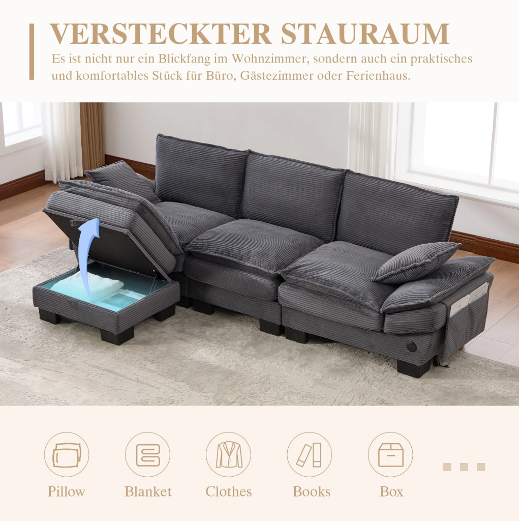 Divano modulare 3 posti con pouf 260x132x84 cm in tessuto a coste grigio scuro; USB-C