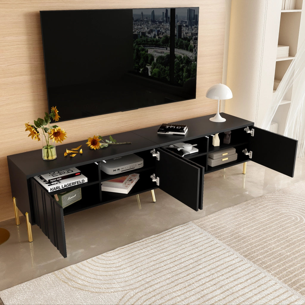 Mobile TV con 4 Ante e 8 Ripiani; Ante a Doghe Verticali; Piedini Dorati 15 cm; in MDF e Pannello Truciolare; Nero; 190??38??48 cm