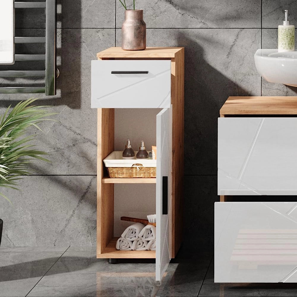 Mobiletto bagno Irma, Bianco lucido/oro power oak, 30 x 81 cm, per la conservazione in bagno, abbinabile alla serie Irma