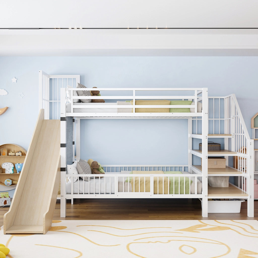 Letto a soppalco per bambini in metallo con scivolo, scala contenitore e ripiani integrati, 90x200 cm, bianco