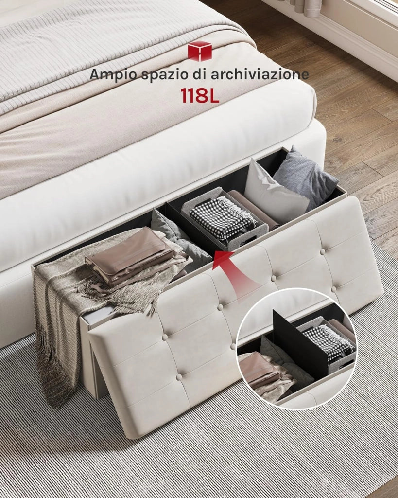 WOLTU Poggiapiedi Cassapanca Contenitore Scarpiera Pouf Sgabello Pieghevole Panca con Coperchio Sedia Bassa in Velluto Crema 110x37,5x38 cm
