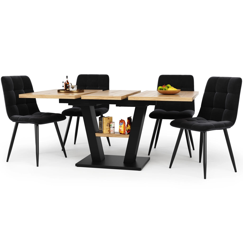 Tavolo da pranzo allungabile con 4 sedie, struttura in MDF e metallo, nero e naturale, 118 × 70 × 75 cm