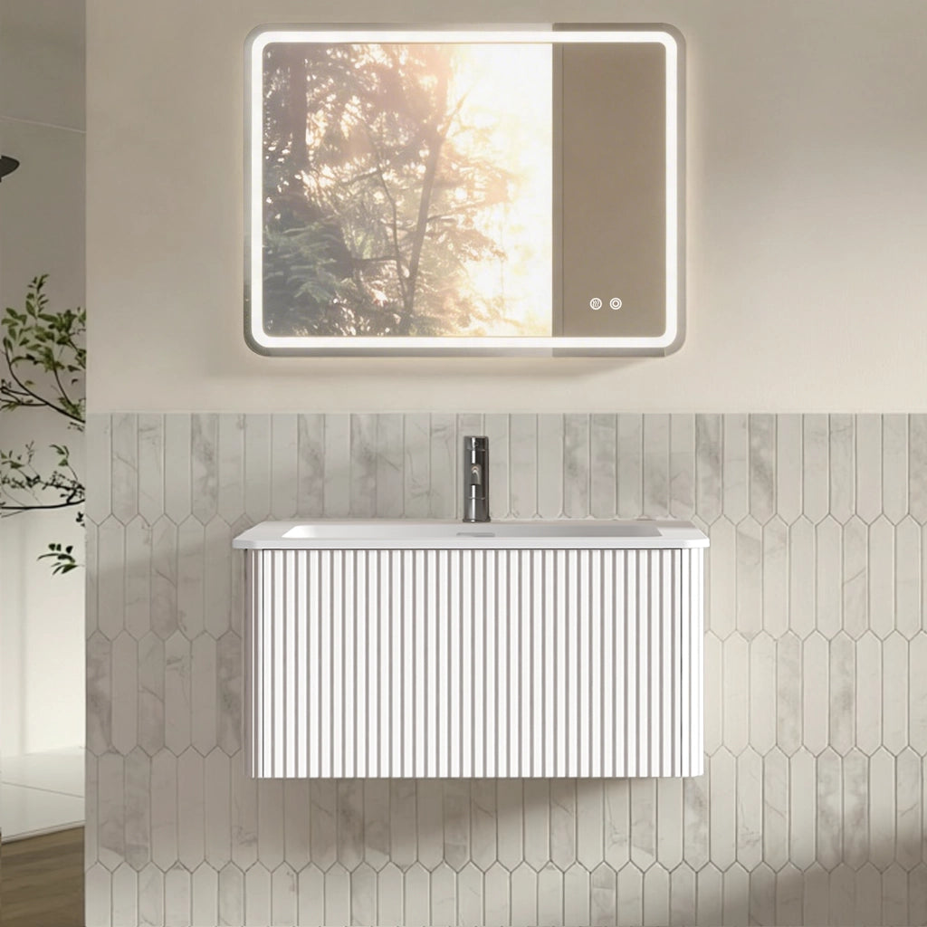 Mobile bagno sospeso con lavabo integrato; 1 cassetto e specchio con luce LED e antiappannamento in MDF bianco